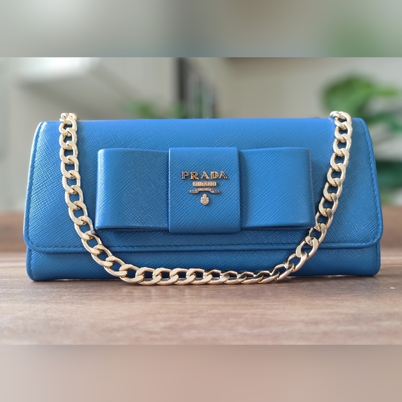 Authentic Prada Blue Saffiano Luxe Ribbon Wallet on Chain - Picture 1 of 15